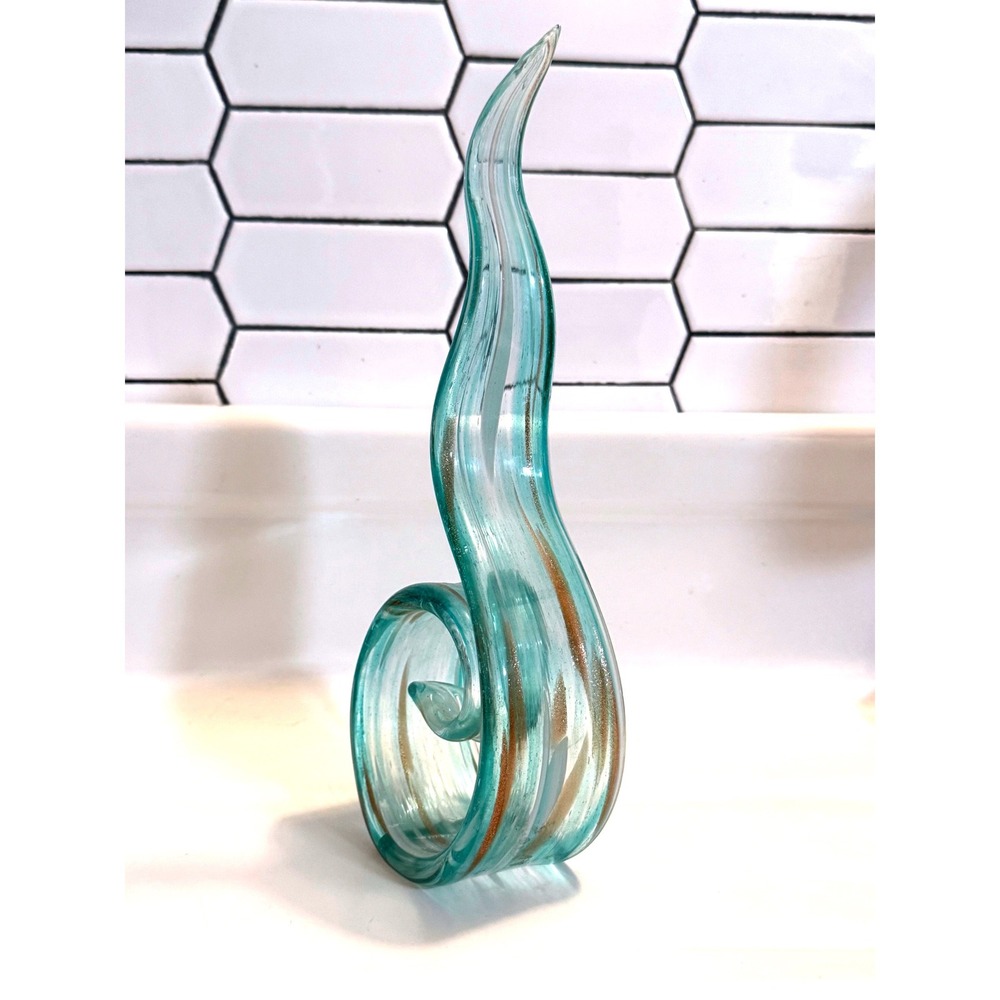 Hand Blown Art Glass Sculpture Aqua Teal Gold Aventurine Flame Wave 11.5"